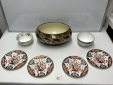 FOUR ROYAL CROWN DERBY TEA PLATES, OVAL PORCELAIN FLORAL DECORATED BOWL, AND TWO OTHER BOWLS.
