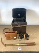 A PAIR OF VOIGTLANDER BRAUNSCHWEIG 8X21 BINOCULARS, No75136 WITH LEATHER CASE, A MAHOGANY AND