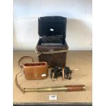 A PAIR OF VOIGTLANDER BRAUNSCHWEIG 8X21 BINOCULARS, No75136 WITH LEATHER CASE, A MAHOGANY AND