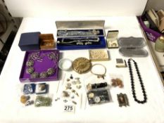 A QUANTITY OF COSTUME JEWELLERY, A COMPACT AND A SPECTACLE CASE.