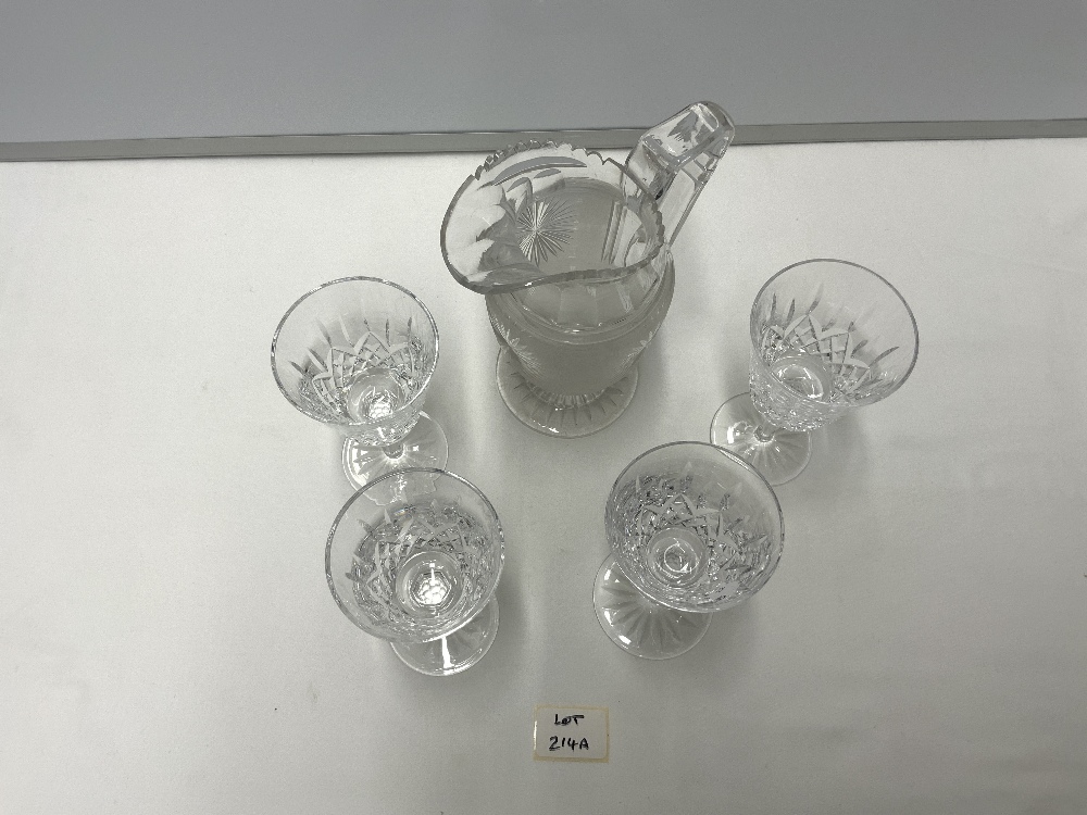 FOUR WATERFORD CUT GLASS WINE GLASSES, AND A FROSTED GLASS WATER JUG. - Image 3 of 6