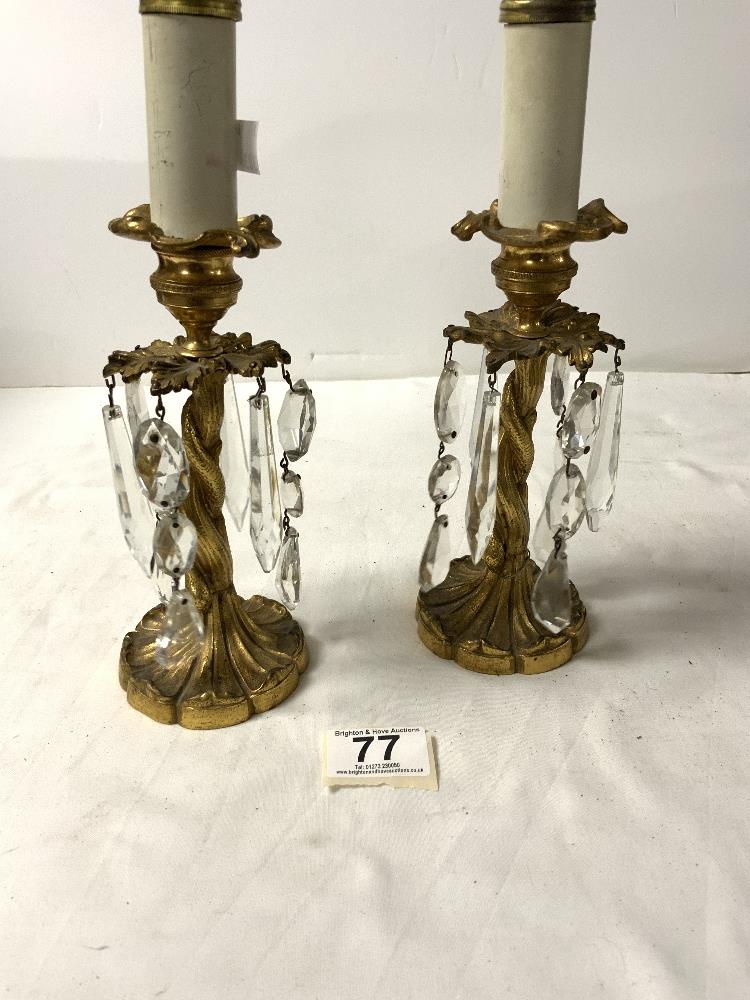 A PAIR OF 19TH-CENTURY GILT METAL TWIST COLUMN LUSTRES CONVERTED TO LAMPS FOR ELECTRICITY, 28 CMS. - Image 3 of 3