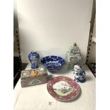 A BLUE AND WHITE CHINESE BOWL 25 CMS DIAMETER, AND MODERN CHINESE VASE AND COVER 30 CMS, AND OTHER
