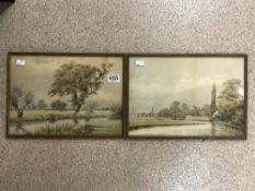 PAIR OF 19TH CENTURY WATERCOLOUR DRAWINGS RIVER LANDSCAPES INITIALLED H.H.S DATED 1889 25 X 36CM