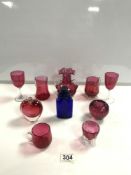 NINE PIECES OF CRANBERRY GLASSWARE - TWO HANDLE VASE, TWO JUGS, TWO WINE GLASSES, TWO PAPERWEIGHTS