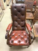 ANTIQUE LEATHER CHESTERFIELD ARMCHAIR OX BLOOD RED BUTTON BACK WITH SCROLL ARMS