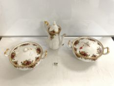 TWO OLD COUNTRY ROSES TUREENS WITH COVERS, A/F, AND A COFFEE POT.