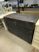 LARGE ANTIQUE METAL BOUND STORAGE TRUNK 80 X 60 X 110CM