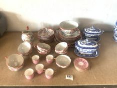 FIVE ROYAL DOULTON PINK AND GILT COFFEE CUPS WITH SIX SAUCERS, JAPANESE EGG SHELL TEA SET, AND TWO