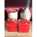 TWO VINTAGE RED SM AND BP LTD PETROLEUM GERRY CANS, AND A BOROUGHS OF BLACKPOOL OIL DISPENSER DRUM