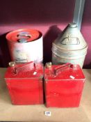 TWO VINTAGE RED SM AND BP LTD PETROLEUM GERRY CANS, AND A BOROUGHS OF BLACKPOOL OIL DISPENSER DRUM