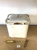 A VINTAGE ENAMEL BREAD BIN, A BRASS SYRINGE, AND PAIR NUT CRACKERS.