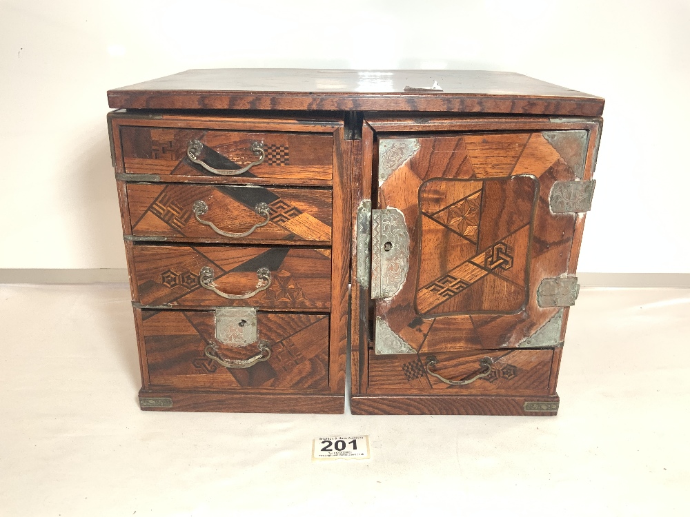 THREE JAPANESE PARQUETRY AND LACQUER DECORATED TABLETOP CABINETS, 32X22X24, LARGEST. - Image 6 of 8