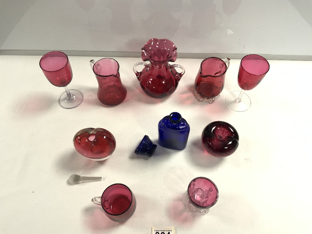 NINE PIECES OF CRANBERRY GLASSWARE - TWO HANDLE VASE, TWO JUGS, TWO WINE GLASSES, TWO PAPERWEIGHTS - Image 2 of 2