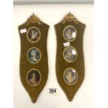 A PAIR OF TRIPLE OVAL HAND PAINTED PORTRAIT MINATURES OF LADIES, FRAMED IN GILT METAL ON VELVET.