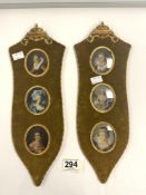 A PAIR OF TRIPLE OVAL HAND PAINTED PORTRAIT MINATURES OF LADIES, FRAMED IN GILT METAL ON VELVET.