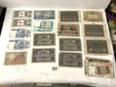 A QUANTITY OF BANK NOTES - INCLUDES TWO BANK OF BIAFRA ONE POUND NOTES, TWO 10000 LIRE NOTES, OLD