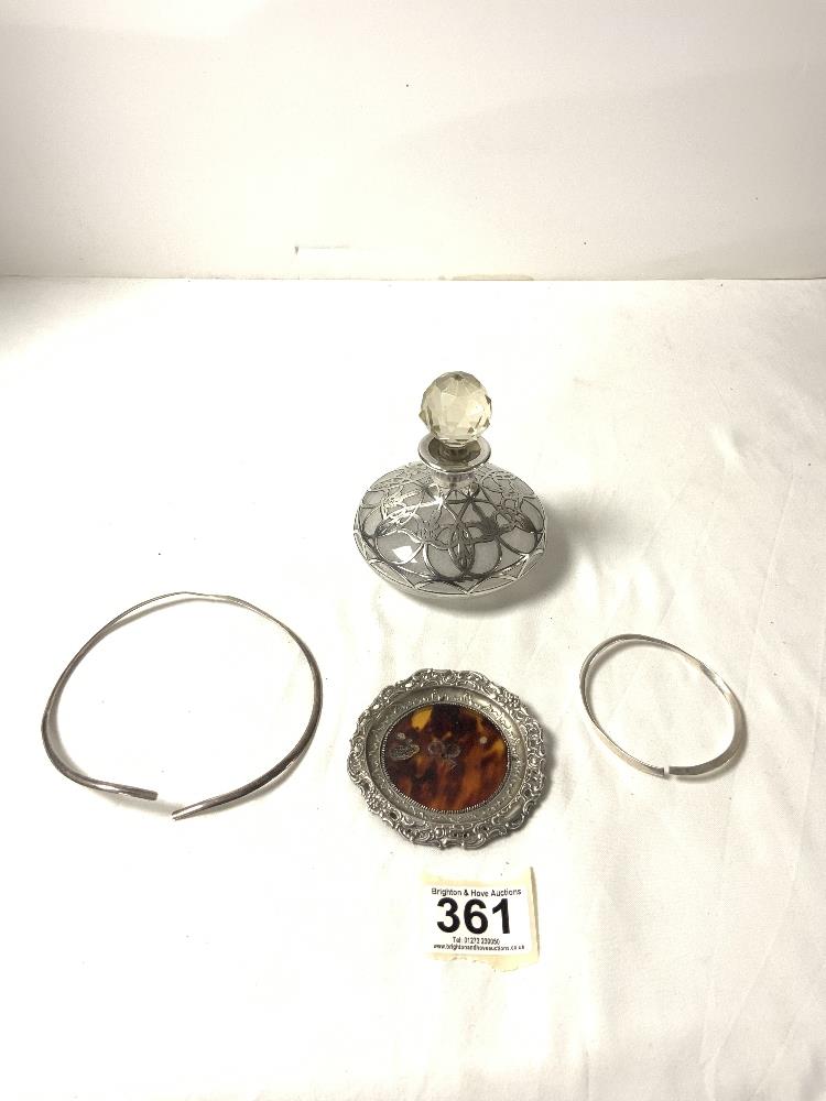 HALLMARKED SILVER BANGLE, SILVER AND TORTOISESHELL PIN TRAY, A 925 SILVER NECKLET AND A SILVER