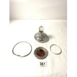 HALLMARKED SILVER BANGLE, SILVER AND TORTOISESHELL PIN TRAY, A 925 SILVER NECKLET AND A SILVER