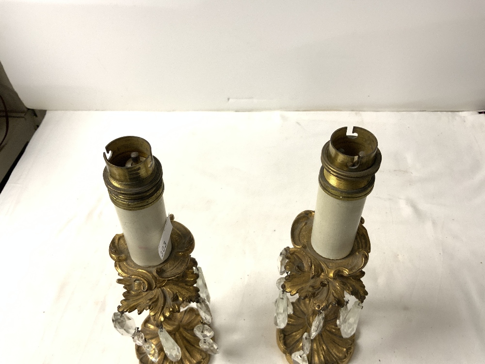 A PAIR OF 19TH-CENTURY GILT METAL TWIST COLUMN LUSTRES CONVERTED TO LAMPS FOR ELECTRICITY, 28 CMS. - Image 2 of 3