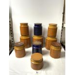 EIGHT HORNSEA SAFFRON PATTERN KITCHEN STORAGE JARS AND TWO BLUE HORNSEA STORAGE JARS.