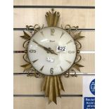 BATTERY OPERATED 1960S RETRO WALL CLOCK BRASS AND GLASS