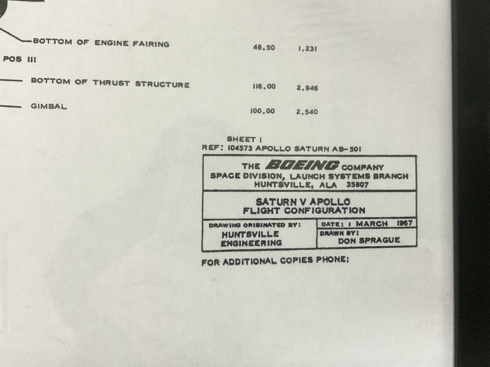 A FRAMED COPY OF - THE BOEING COMPANY - SATURN V APOLLO FLIGHT CONFIGURATION, 60X106. - Image 4 of 5
