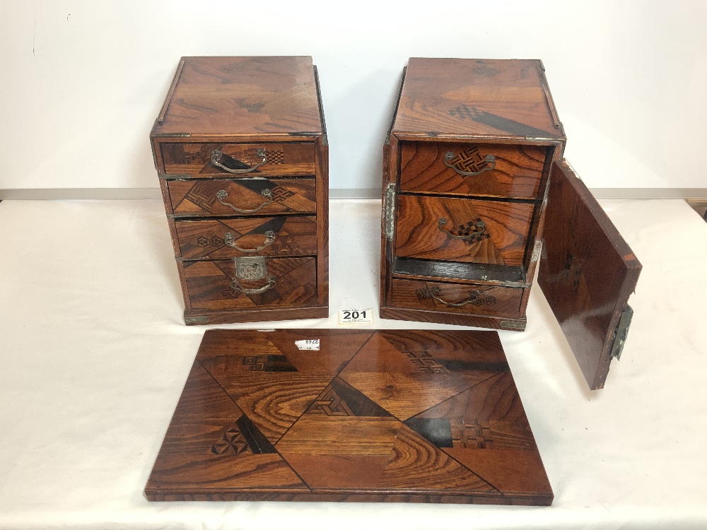 THREE JAPANESE PARQUETRY AND LACQUER DECORATED TABLETOP CABINETS, 32X22X24, LARGEST. - Image 7 of 8