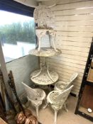 TWO ALUMINIUM GARDEN TABLES WITH FOUR MATCHING CHAIRS