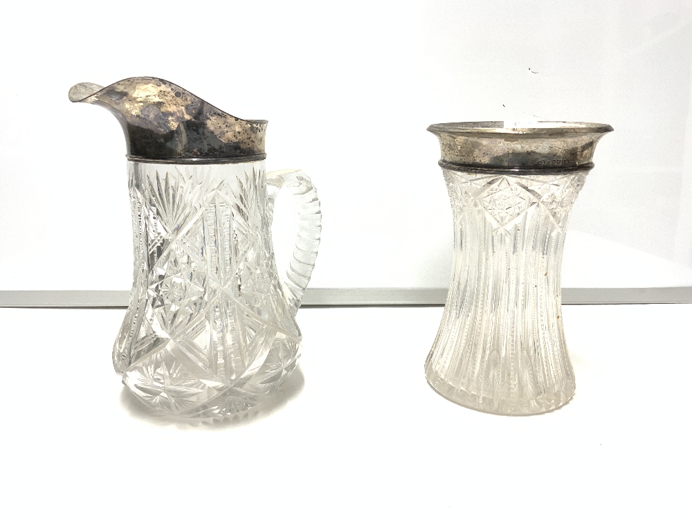 A HALLNMARKED SILVER TOP CUT GLASS WATER JUG AND VASE, 24 CMS TALLEST. - Image 2 of 5