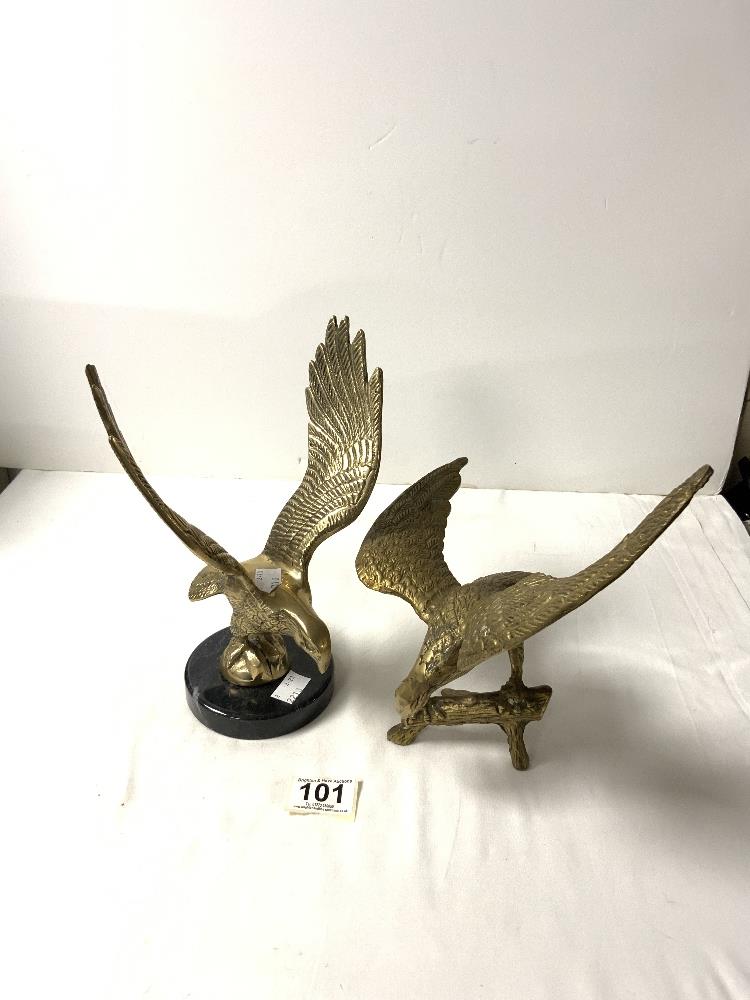 TWO BRASS MODELS OF EAGLES, ONE ON MARBLE BASE, 25 CMS.