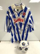 A BRIGHTON AND HOVE ALBION 1990"S SIGNED BY PLAYERS FOOTBALL SHIRT AND BALL.