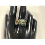 VINTAGE 750 GOLD RING DECORATED WITH DIAMONDS AND EMERALDS SET IN PLATINUM SIZE O