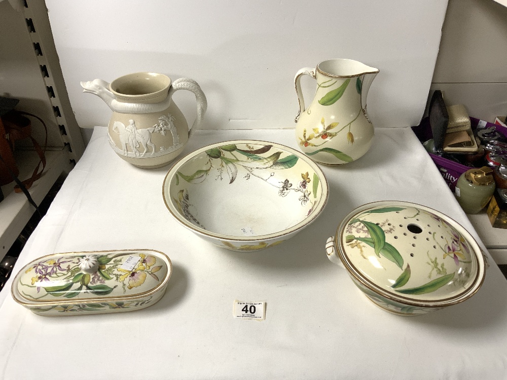 A VICTORIAN SALT GLAZE JUG WITH SERPENT HANDLE AND SPOUT, 16CMS, AND A SMALL VICTORIAN PORCELAIN - Image 2 of 9