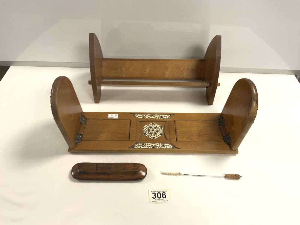 VICTORIAN BONE MOUNTED SLIDING BOOKENDS, BOOK TROUGH, AND A NAIL BUFFER.