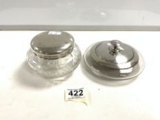 TWO HALLMARKED SILVER TOPPED GLASS POWDER JARS.
