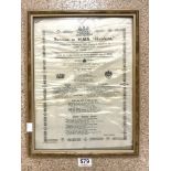 A FRAMED SILK BANNER - SUCCESS TO H.M.S. " HAWKINS " LAUNCHED AND NAMED AT H.M. DOCKYARD CHATHAM