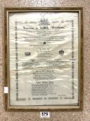 A FRAMED SILK BANNER - SUCCESS TO H.M.S. " HAWKINS " LAUNCHED AND NAMED AT H.M. DOCKYARD CHATHAM