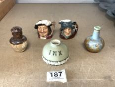 A CARLTON WARE STONEWARE INKWELL, TWO SMALL ROYAL DOULTON CHARACTER MUGS - RIP VAN WINKLE AND