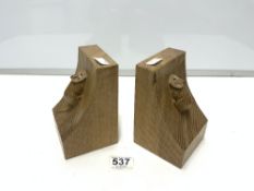 ROBERT MOUSEMAN - A PAIR OF OAK BOOKENDS, 15 CMS TALL.