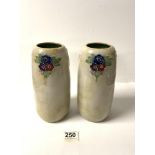 PAIR OF ROYAL DOULTON GLAZED STONEWARE CYLINDRICAL VASES; DECORATED TUBE LINED FLORAL SPRAYS, THE