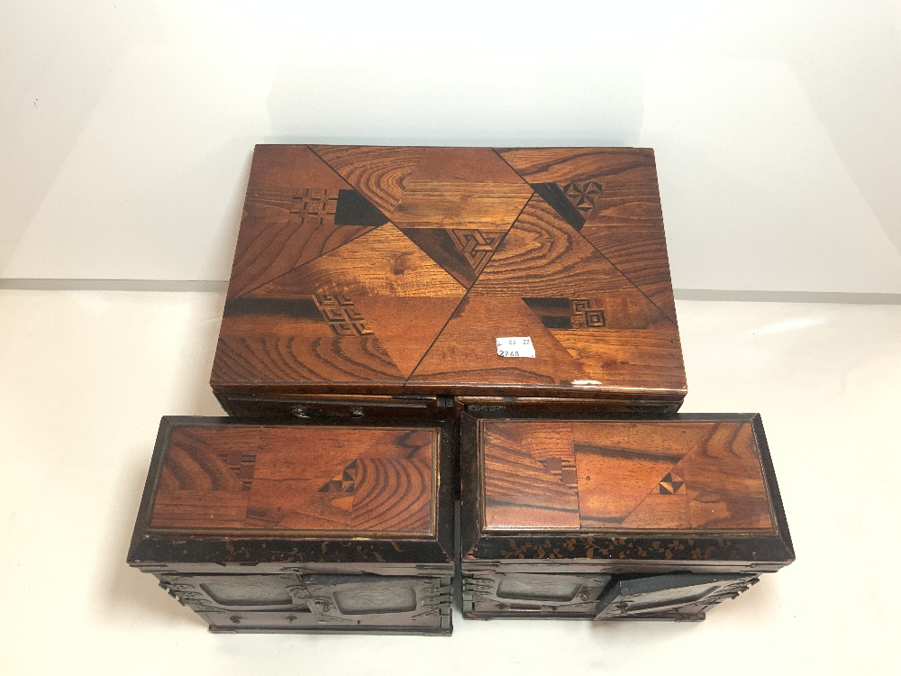 THREE JAPANESE PARQUETRY AND LACQUER DECORATED TABLETOP CABINETS, 32X22X24, LARGEST. - Image 4 of 8