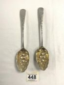 PAIR OF GEORGE III HALLMARKED SILVER BERRY SPOONS WITH GILT EMBOSSED BOWLS BY PETER & ANN BATEMAN