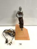 A PLASTIC ART DECO STYLE FIGURAL LADY TABLE LAMP, 37 CMS.