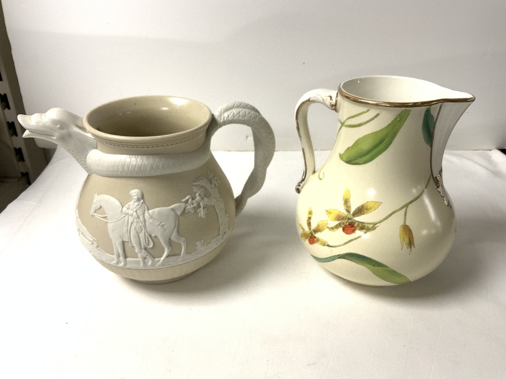 A VICTORIAN SALT GLAZE JUG WITH SERPENT HANDLE AND SPOUT, 16CMS, AND A SMALL VICTORIAN PORCELAIN - Image 6 of 9