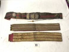 NINETEENTH CENTURY GOLD BRAIDED OFFICERS DRESS BELT AND TWO CROSS BELTS.