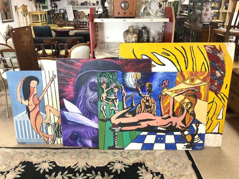 FOUR 1980s OILS ON BOARDS AND ONE ON CANVAS OF CIRCUS/POP ART SUBJECTS, INDISTINCTLY SIGNED MAT