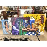 FOUR 1980s OILS ON BOARDS AND ONE ON CANVAS OF CIRCUS/POP ART SUBJECTS, INDISTINCTLY SIGNED MAT