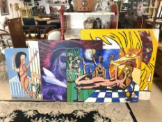 FOUR 1980s OILS ON BOARDS AND ONE ON CANVAS OF CIRCUS/POP ART SUBJECTS, INDISTINCTLY SIGNED MAT