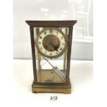 ANTIQUE BRASS AND FOUR GLASS MANTEL CLOCK, WITH MERCURY PENDULUM, (CRACKS TO DIAL), 18 X 30CM